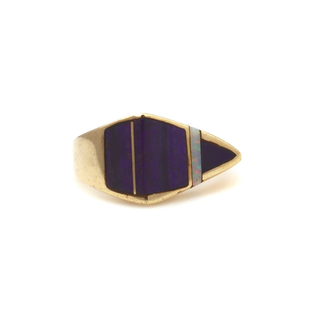 Andy Lee Kirk (1947-2001) - Isleta/Navajo Contemporary Sugilite, Opal, and 14K Gold Asymmetrical Ring, size 5 (J91963-0721-005)
