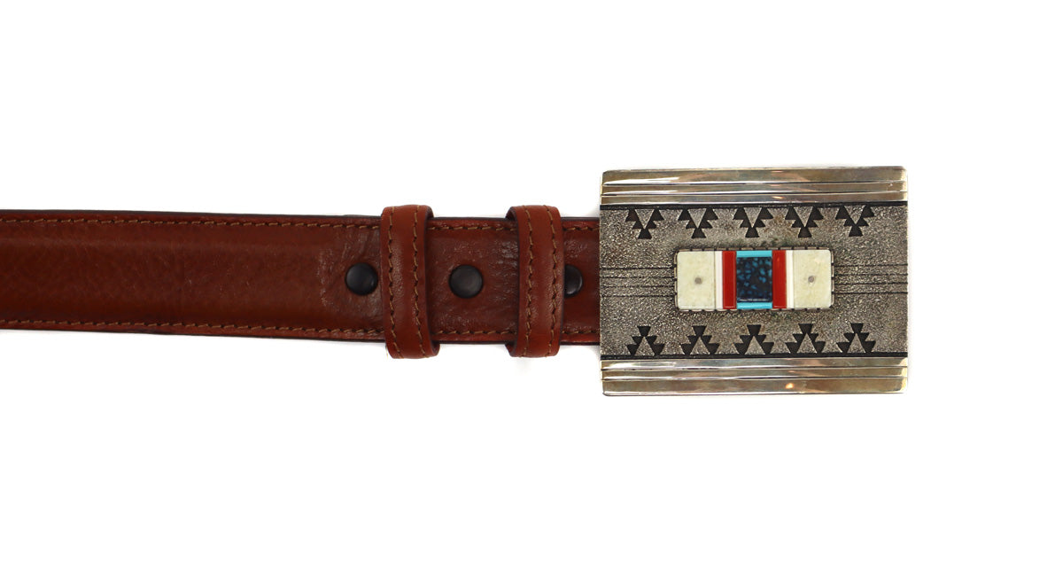 Boyd Tsosie - Navajo Contemporary Multi-Stone Inlay, Silver, and Leather Belt, 39" to 44" waist (J91963-1022-003) 1