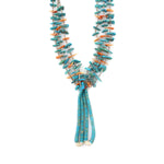 Navajo 3-Strand Turquoise, Spiny Oyster, and Heishi Necklace with Jocla Pendants c. 1960s, 30" length (J91993C-0921-015)1