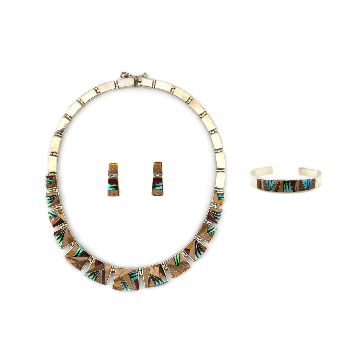 Calvin Begay (b. 1965) - Navajo Contemporary Multi-Stone Channel Inlay and Sterling Silver Necklace, Bracelet, and Earrings Set (J92026A-0821-001)
