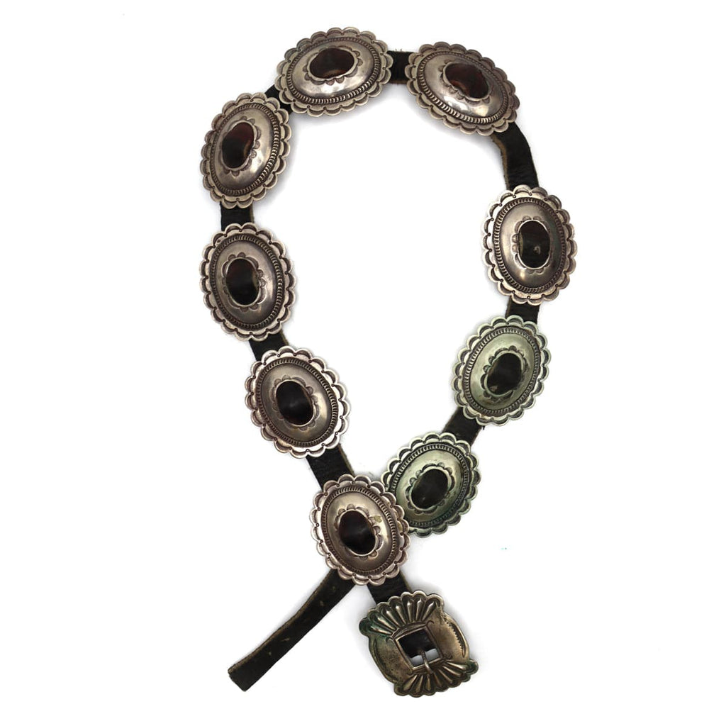 Maggie Bitsue - Navajo Silver and Leather Concho Belt c. 1930-40s, 26" x 29" waist (J92243-0421-013)