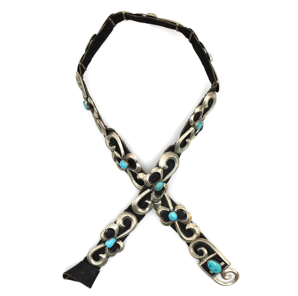 "Toddy" - Navajo Turquoise, Silver Sandcast, and Leather Belt c. 1950s, 32" length (J92243-0421-018)