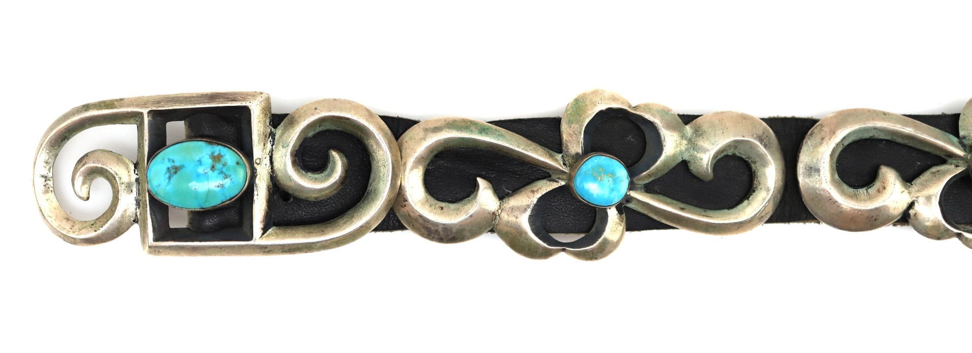 "Toddy" - Navajo Turquoise, Silver Sandcast, and Leather Belt c. 1950s, 32" length (J92243-0421-018)1