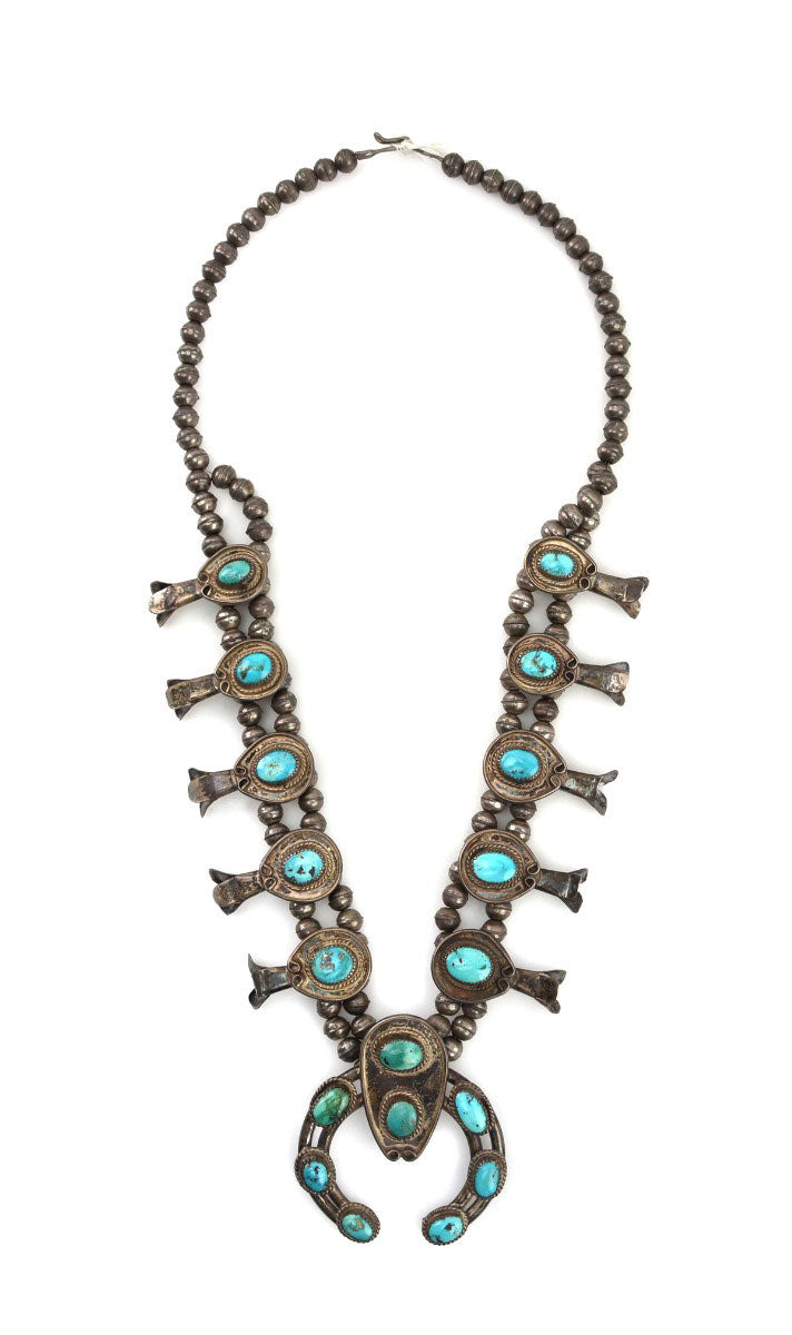 Navajo Turquoise and Silver Squash Blossom Necklace c. 1960-70s, 26" length (J92306-0322-001)