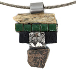 Shirley Wagner - "Machu Pichu" Cow Bone, Micro-Glazed Clay Mosaic, Natural Druzy Crystal, Bronze Finding, and Black Lava with 18" Stainless Steel Cord (J92312A-0723-002)