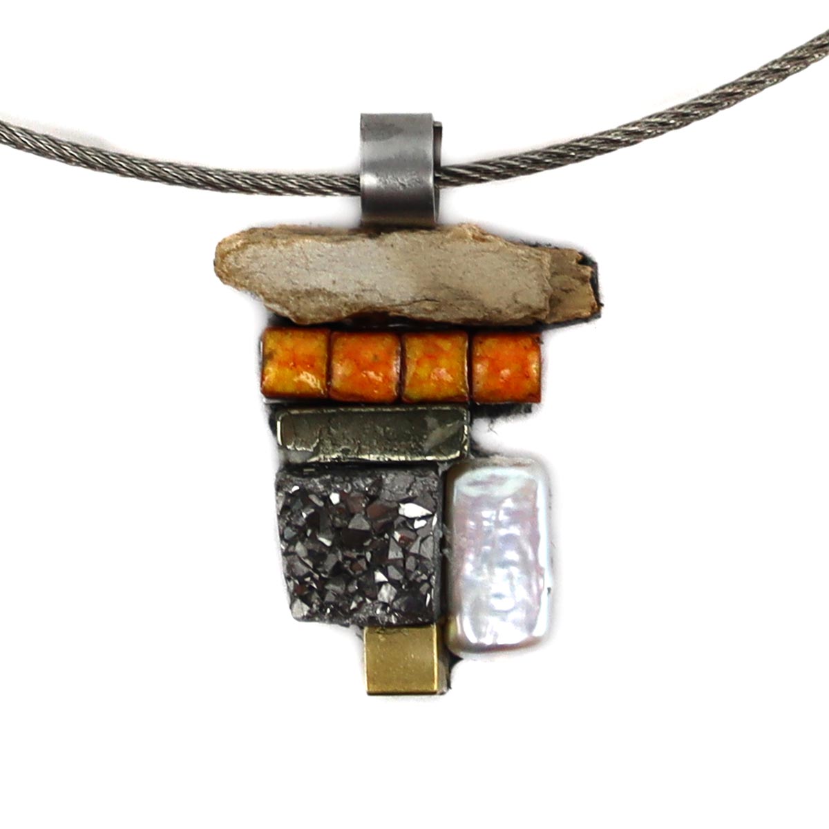 Shirley Wagner - "Sea Scroll" Natural Druzy Crystal, Micro-Glazed Clay Mosaic, Cow Bone, and Freshwater Pearl with 18" Stainless Steel Cable Cord (J92312A-0723-003)