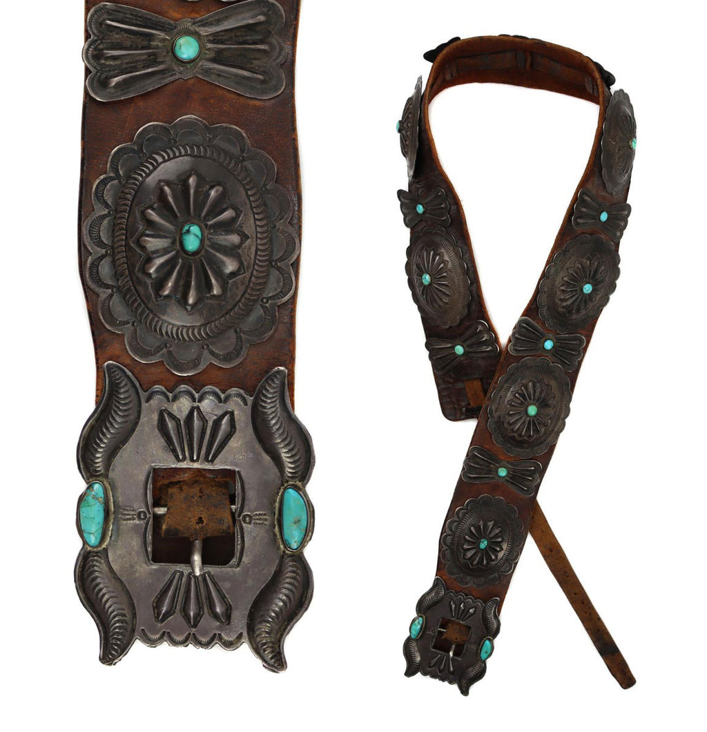 Navajo Turquoise, Silver, and Leather Concho Belt c. 1930s, 33"-38" waist (J92323A-0522-001)