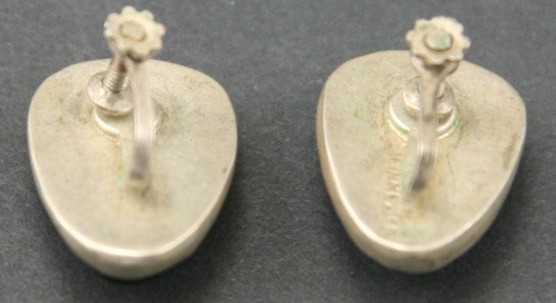 Mexican Onyx and Silver Screwback Earrings, Aztec Face Carving, c. 1940s, 1" x 0.75" (J92447-0612-016)