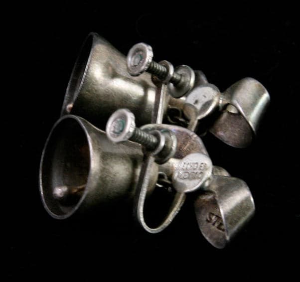 Mexican Sterling Silver Screwback Bell Earrings, c. 1940s, 1.25" x 1" (J92447-0913-017)