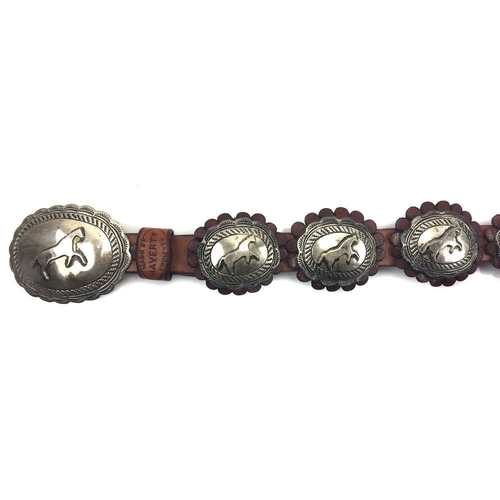 Navajo Silver Concho Belt with Stamped Horse Designs and Haverty Ranch Leather c. 1980, Size 29-33" (J92516-0618-003)