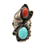 Navajo Turquoise, Coral, and Silver Ring with Leaf Design c. 1950s, size 4.75 (J92605-0710-156)
