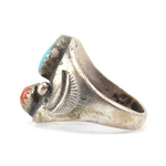 Navajo Turquoise, Coral, and Sterling Silver Ring with Stamped Design c. 1960s, size 7.5 (J9285) 1
