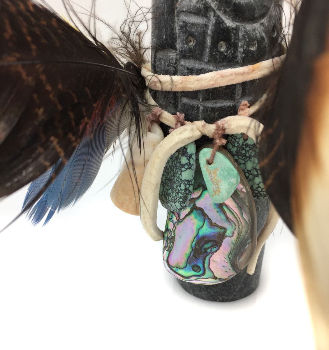 Mark Suazo â€“ Zuni Stone Fetish Human Figurine with Feathers, Turquoise, Abalone, and Shell, 1993, 6" x 2' x 2" (M1800-123)1