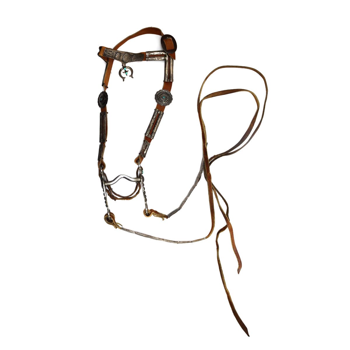 Navajo Leather Horse Bridle with Turquoise and Silver Naja Pendant and