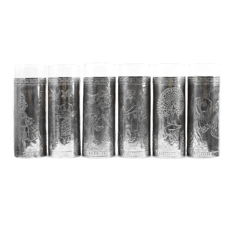 Set of 6 Mexican Glasses with Silver Repousse c. 1940s, 7" x 2.5"