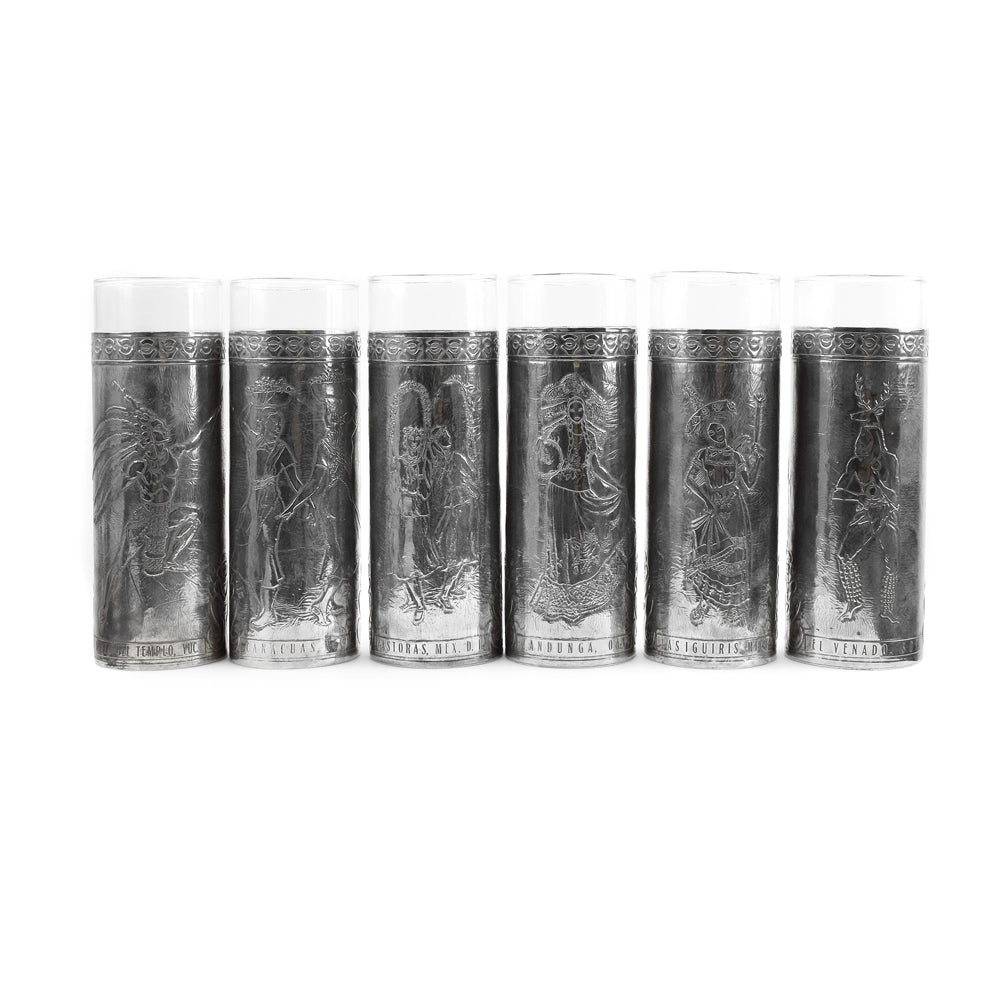 Set of 6 Mexican Glasses with Silver Repousse c. 1940s, 7" x 2.5" (M90105-0519-008)
