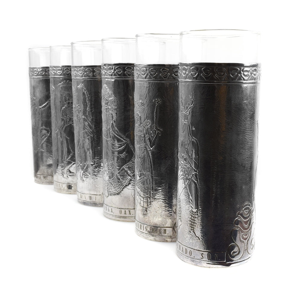 Set of 6 Mexican Glasses with Silver Repousse c. 1940s, 7" x 2.5" (M90105-0519-008)