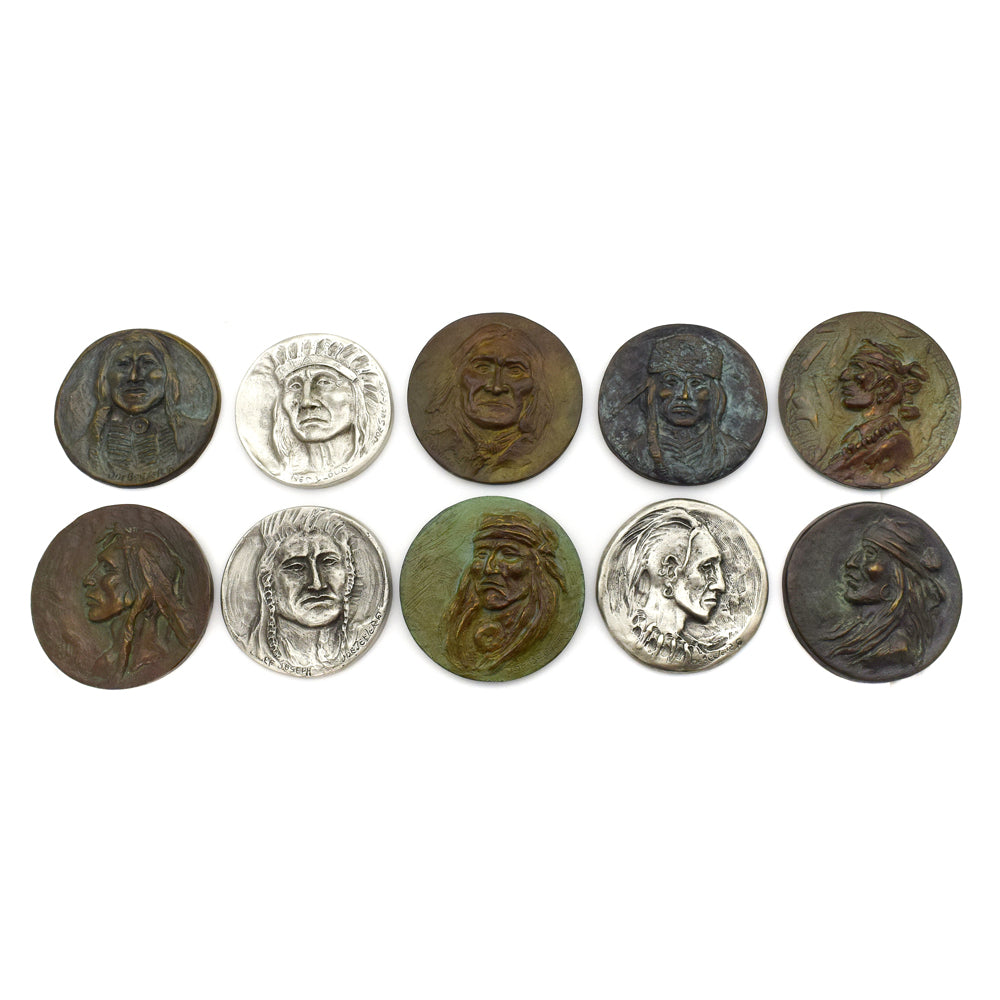 Joe Beeler (1931-2006) - Set of 10 Contemporary Bronze and Pewter Medallions with Native American Faces
