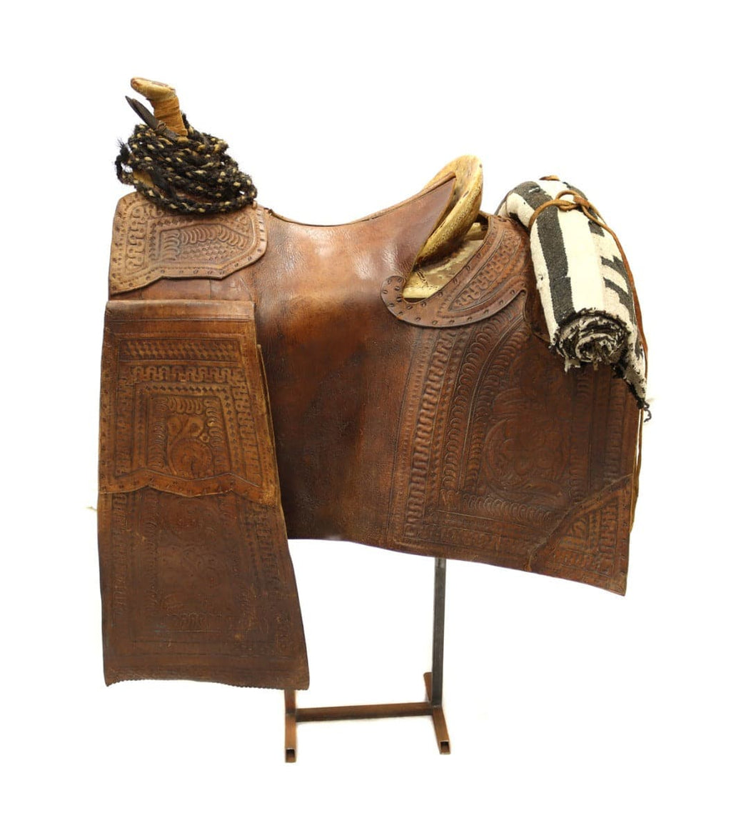 Mexican Sinaloa Mochila Leather Saddle c. 1880s with c. 1930-40s Navajo Double Saddle Blanket on Custom Stand, 35" x 27" x 30" (M92323A-1021-001)