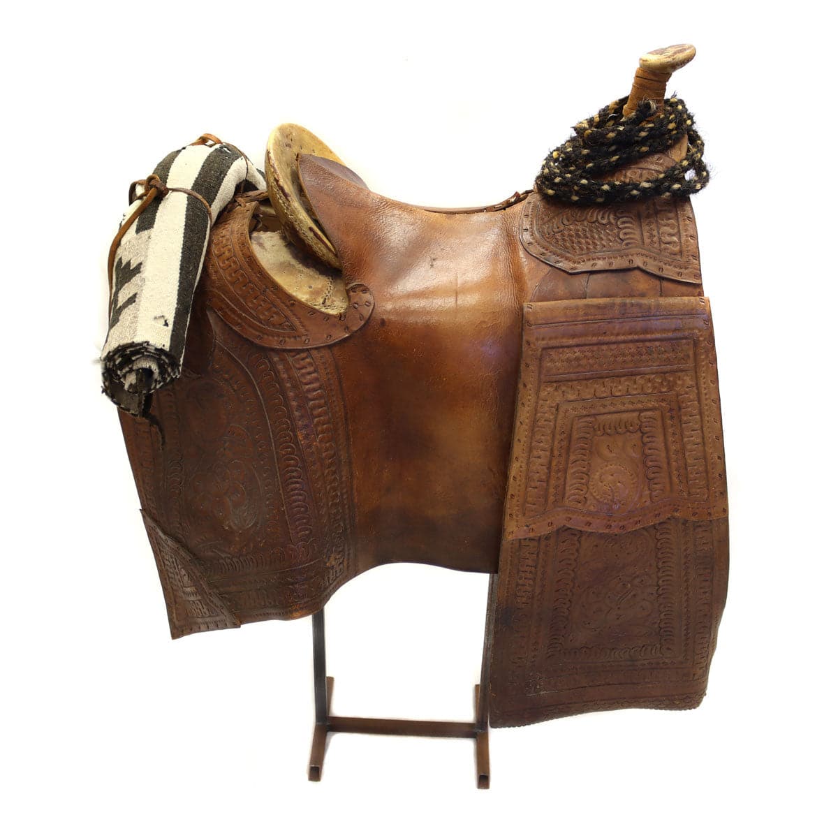 Mexican Sinaloa Mochila Leather Saddle c. 1880s with c. 1930-40s Navajo Double Saddle Blanket on Custom Stand, 35" x 27" x 30" (M92323A-1021-001)2