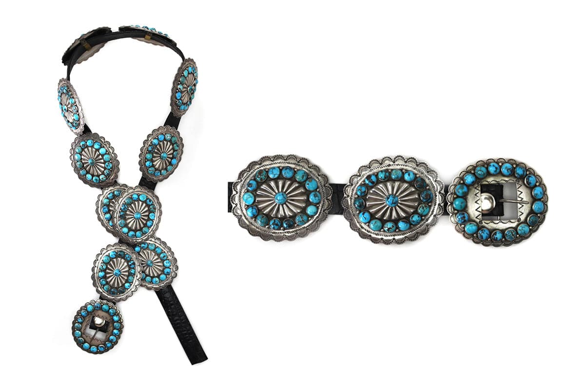 Navajo Number 8 Turquoise, Silver and Leather Concho Belt c. 1940-50s, 33" - 37" waist (J14924-041)