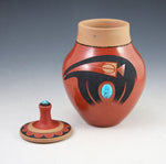 SOLD Tony Da (1940-2008) - San Ildefonso Redware Lidded Vase with Turquoise, Heishi, Sgraffito and Bear Design