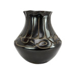 Chris Martinez - Santa Clara Black Vase with Carved Avanyu and Feather Design c. 1980-90s, 11.5" x 11.5" (P90380B-0623-066)