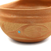 Johnny Tse-Pe Gonzales (b. 1940) - San Ildefonso Micaceous Kiva Step Bowl with Turquoise Inclusions, Leather, Feathers, and Carved Avanyu Design, 10" x 9.75" (P91109-086-108)
