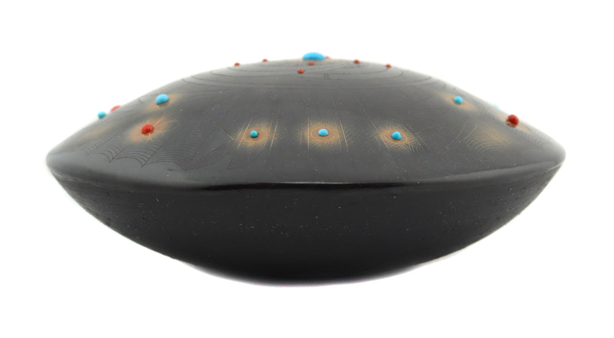 Barbara Gonzales (b. 1947) - San Ildefonso Black and Sienna Sgraffito Seed Jar with Feather Design and Turquoise Inclusions c. 1990-2000s, 3" x 7" (P91138A-0222-007) 3