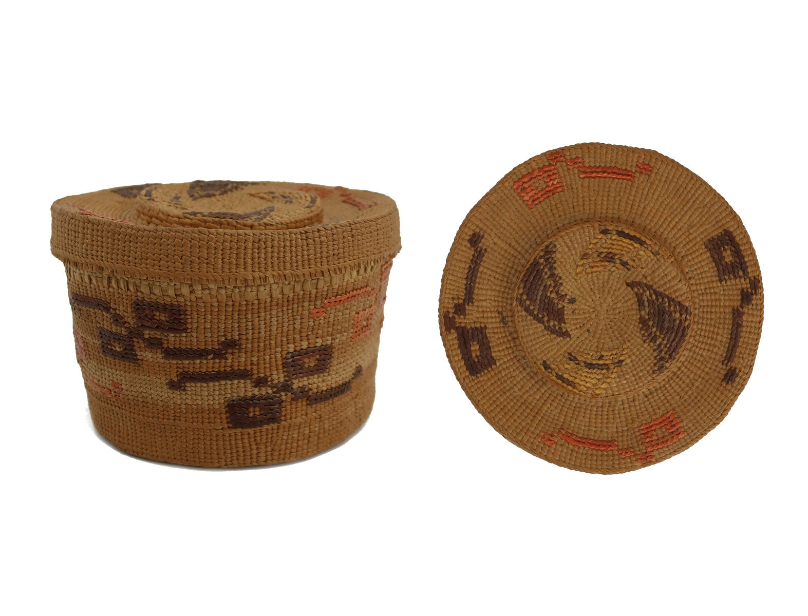Tlingit Polychrome Lidded Rattle Top Basket c. 1900s, 2.5" x4" (SK92306-0822-001)