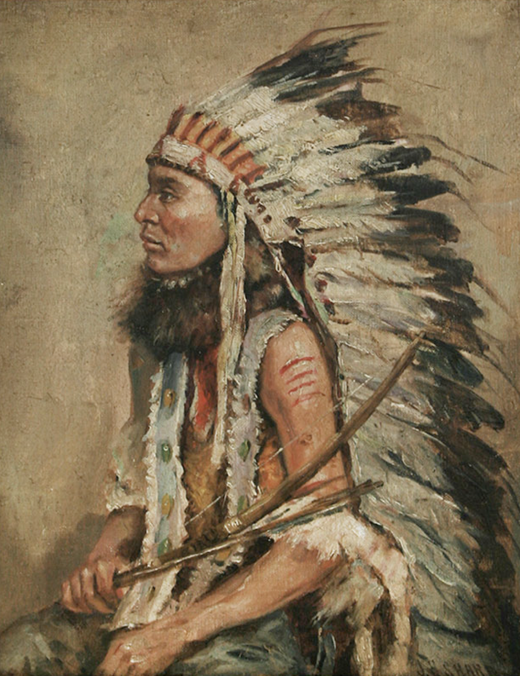 SOLD Joseph Henry Sharp (1859-1953) - Indian Chief in Feather Headdress