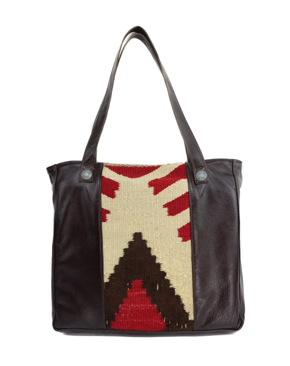 Custom Leather Handbag with c. 1900s Navajo Ganado Textile Inlay, 13" x 16" x 3.5" (T5904)
