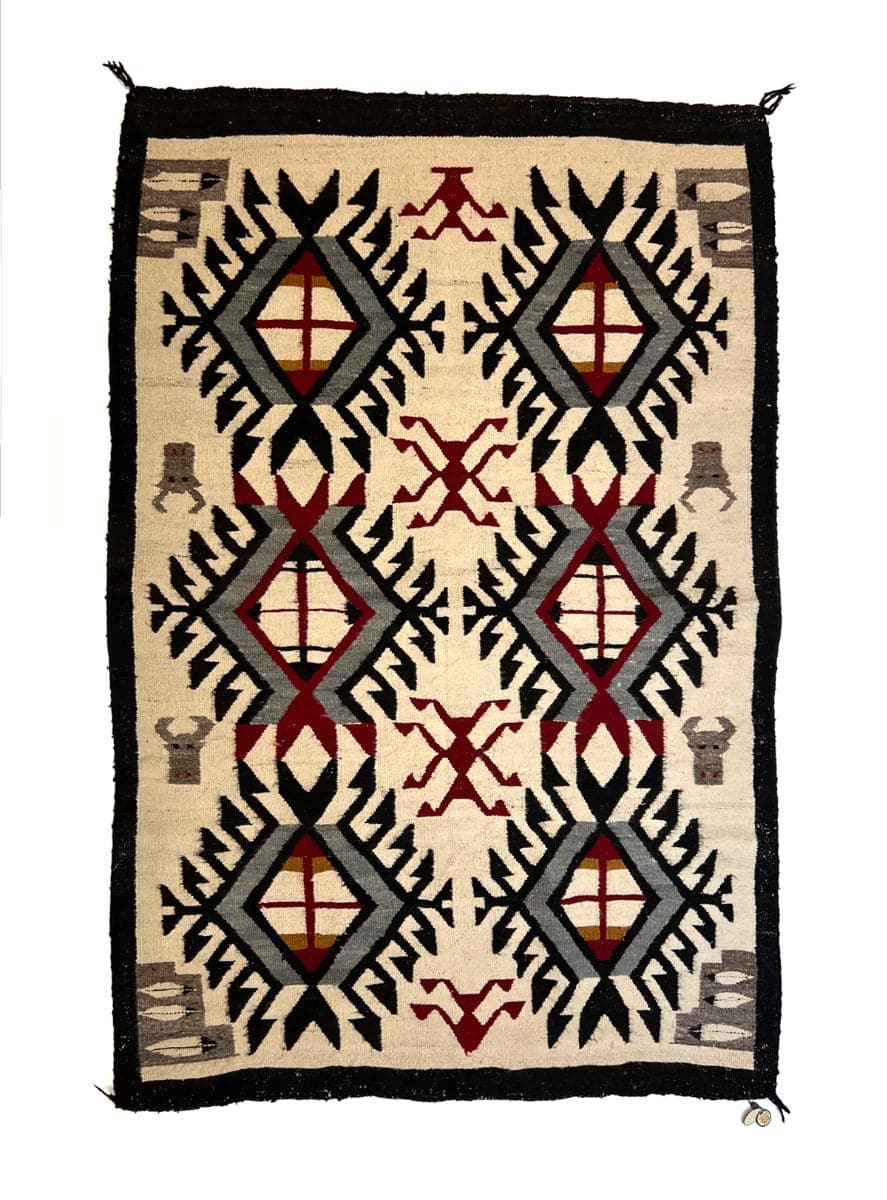 Navajo Rug with Bull Pictorial c. 1930s, with old Fred Harvey tag 68.5" x 47.5" (T6117)