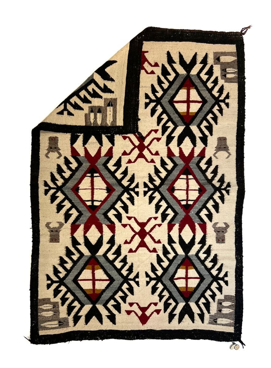 Navajo Rug with Bull Pictorial c. 1930s, with old Fred Harvey tag 68.5" x 47.5" (T6117) 1
